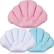 3 Pieces Inflatable Bath Pillow with Suction Cups, Terry Cloth Covered Bath Pillow Shell Shape Bathtub Spa Pillow Comfortable Soft Bath Cushion, Neck Support for Bathtub, Hot Tub (Pink, Green, White)