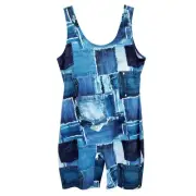 NWT JULIA by Love J Blue & White Patchwork Faux Denim Bodysuit Plus Size 1X