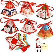 LOKIPA 24PCS Christmas Candy Boxes, 6 Styles Christmas Treat Gift Boxes Xmas Paper Boxes with Ribbon Triangle Sweet Boxes for Christmas Party Supplies