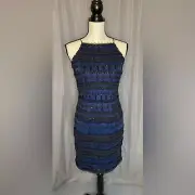 Aidan Mattox beaded mini dress navy with black lace and beading size 2