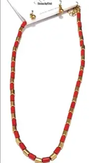Women's Necklace Vintage Red Lucite Cylinder Beads With Gold Tone Earrings Set