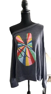 Lauren Moshi Peace Shirt Studded Stripe Trinidy Large NWT $176 Off Shoulder Blue