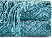[Battilo] Teal Throw Blanket for Couch, Knit Woven Turquoise Blankets Versatile for Chair, Super Soft Warm Decorative Green Blanket with Tassels for Bed Sofa, 127x152cm