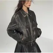 Long Sleeve Faux Leather Striped Bow Applique Loose-Fit Jacket Black - S