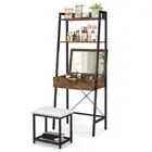 Dressing Table Stool Set Makeup Mirror Ladder Vanity Desk w/ Shelves
