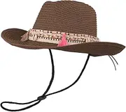 [JIAHG] Vintage Straw Cowboy Hat Wide Brim Beach Sun UV Protection Hat Summer Panama UV Sun Cap with Adjustable Chin Strap