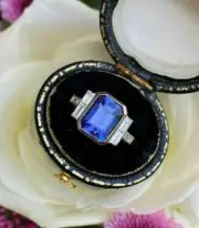 Art Deco Emerald Cut Sapphire and Lab Created Diamond 14K White Gold Finish Ring
