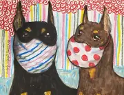 Doberman Pinscher in Quarantine Collectible ACEO PRINT Dog pop Art Card 2.5X3.5