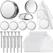 12 Set Compact Mirrors Bulk Wedding Favors for Guest Include Double Sided 1X/2X Magnifying Pocket Makeup Mirrors Pens Organza Bag for Bridal Shower Bachelorette Wedding Party Gift (Silver)