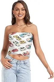 [RPLIFE] Cute Cartoon Cars White Women Tube Top Strapless Top Women, Sheer Tube Tops, Coastal Summer Clothes (S)