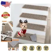Beige Slip-Resistant Stair Runners - Machine Washable Polyester Carpet Set of 15