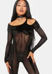 [Kiki Riki] Sheer Black Velvet-Mesh Catsuit