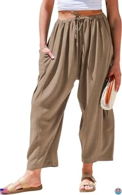 Womens Linen Wide Leg Pants Casual Loose Drawstring Palazzo Harem with Pockets