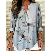 Women's Blouse Graphic Animal Dragonfly Bohemia Vintage Tropical Long Sleeve V Neck Regular Tops Daily Holiday Beach Wear Print Navy Blue Dusty Blue Light Grey