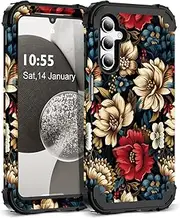 [SleekCover] for Galaxy A14 5G Case,3 in 1 Floral Pattern Heavy Duty Shockproof Protection Soft Silicone Rubber Bumper+Hard Plastic Hybrid Protective Cover for Samsung Galaxy A14 6.6",Black Flower