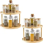 Bamboo Turntable Spice Rack 2-Tier 360 Degree Rotating Rack Organizer, Bamboo Lazy Susan, Kitchen Spinning Tray for Spices, Condiments, Kitchen, Cabinet, Pantry