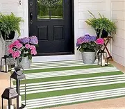 Green and White Outdoor Rug 3'x 5' Hand-Woven Cotton Washable Rug Striped Front Porch Rug Machine Washable Indoor/Outdoor Area Rug Floor Mat for Farmhouse/Layered Door Mats/Living Room