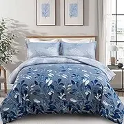 DJY Blue Comforter Set King, Navy Botanical Leaves Comforter for King Bed 3 Pieces Reversible Floral Bed Comforter Sets Soft Microfiber Bedding Set for All Season (104"x90")