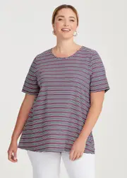 [Taking Shape] Taking Shape Crew Neck Stripe T-shirt Size 16 in Pink / Navy Stripe, Cotton - Plus Size Women's Tops & T Shirts Pink / Navy Stripe