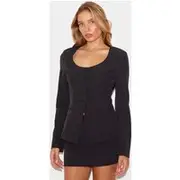 Black Tailored Woven Button Up Blazer, Black