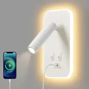 Lertenys Led Wall Light, Bedside Reading Light With Switch, Usb Charging Port, Dimmable Mood Lighting For Bedroom (3w Natural Light + 10w Warm Ligh...
