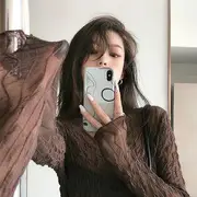 Turtleneck Long-Sleeve Slim-Fit Sheer Top Coffee - One Size