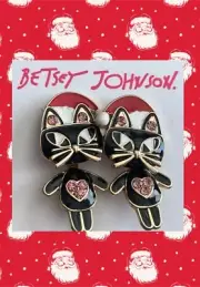 Betsey Johnson Enamel Movable Parts Santa Hat Black Cats Crystal Detail Earrings