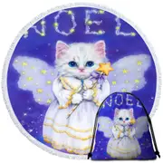 Noel White Kitten Holiday Angel Round Beach Towel