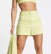 TopShop Yellow Green Gingham Flat Front Short Shorts High Waisted Women Size 10