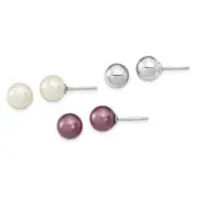 Solid Sterling Silver Rh-pl 8-9mm Plum/Wht Imitat Shell Pearl Post 3 Earring Set