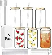 SUBCUB 6 Pack Sublimation Glass Tumblers 16oz Sublimation Cups Blanks with Bamboo Lids and Straws, Clear Glasses Water Bottle for DIY Crafting, Beer Juice Can Glass
