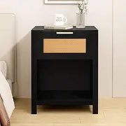 ALFORDSON Rattan Front Bedside Table, Sleek Metal Handle, 50 x 38 x 64cm, Ample Storage, 15mm E0 Grade Thick Board, Modern Nightstand Side End Table, Black