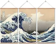 zhugege Japanese Traditional Art The Great Wave Off Kanagawa by Hokusai ,Hanging Poster with Wood Frames,Ready to Hang Decorative Wall 3 Piece Set (16''x32'' x 3)