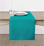 Solino Home Hemstitch Linen Table Runner - 14 x 48 Inch, Handcrafted from European Flax, Machine Washable Classic Hemstitch - Teal