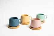 Set Of 4 Coffe/Tea Cup With Bamboo Coasters Lovey Trendy Assorted Colors 250ml
