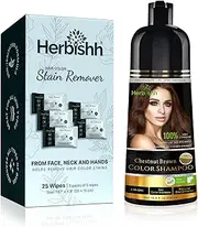 Herbishh At Home Hair Dye Kit - Colour Shampoo for Grey Hair 500mL - Hair Color Stain Remover Wipes – Gentle Formula for Dye Cleanup – Safe and Skin-Friendly (Chestnut Brown, 1)