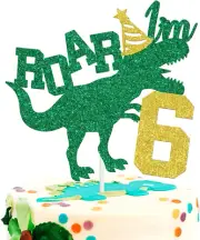 Roar I'M 6 Cake Topper, Dinosaur Jungle Safari Cake Topper for Boys Girls, Ha...