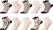 [Jspupifip] 10 Pairs Sheer Socks Striped Plaid Mesh Dot Bow See Through Transparent Socks for Women Girls