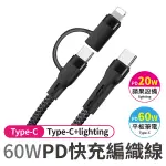 PD快充線 二合一快充 TYPE-C轉LIGHTNING TYPE-C轉TYPE-C 充電線 快充線 20W/60W 黑色