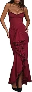 [Unybwonn] Women Cocktail Maxi Dress Sleeveless Ruched Ruffle Hem Mesh Dresses High Low Split Spaghetti Strap Sundress