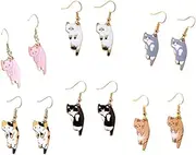 [Fuqimanman2020] 2-6 Pairs Cute Cat Dangle Earrings Lightweight Kawaii Cartoon Kitten Alloy Drop Earrings for Women Cat Animals Lover Birthday Gift
