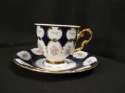 RGK Leander 1946 Tea Cup & Saucer Original Cobalt w/Gold & Pink Rose~ Bohemia