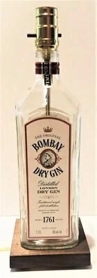 Bombay Dry Gin Large 1.75L White Label Bar Bottle TABLE LAMP Light w/ Wood Base