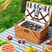 Wooden Picnic Basket Set Cooler Bag 4 Person Insulated Liquor Food Storage Leath