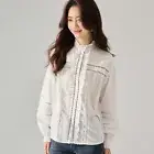 Spring French Lotus Leaf Collar Cotton Shirt with Stand Collar Long Sleeve Tops