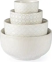 MIKIGEY Mikiegy Ceramic Mixing Bowls Set of 4, Nesting Ceramic Embossment Stoneware Mixing Bowls for Cooking, Serving, Popcorn, Salad etc, Microwave & Dishwasher Safe, 20/44/98/145 oz, Off-White
