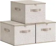 [SONGMICS] Foldable Storage Organiser Boxes, Set of 3 Storage Basket Bins with Lids, Handles, Clothes Organiser, 40 x 30 x 25 cm, Non-Woven Fabric, Sand Beige RZB003K01