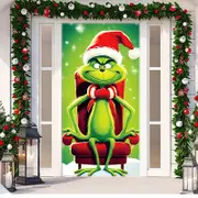 2025 Christmas Door Cover Grinch Decorations Merry Xmas Grinchmas Doorway Green Monster Porch Sign Photography Banner Holiday Home Kitchen 91x182cm