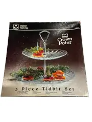 VTG Anchor Hocking Crown Point 3 Piece Tidbit Set New Old Stock NIB MCM USA MADE