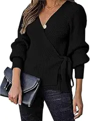 [KIRUNDO] Women's 2022 Fall Winter Long Lantern Sleeve V Neck Wrap Sweater Side Tie Soft Ribbed Knit Pullover Jumper Tops